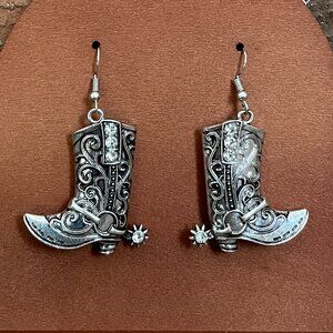 Tooled Cowgirl Boot Earrings with Rhinestones